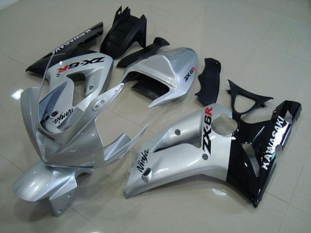 2003-2004 Silver Black Kawasaki Ninja ZX6R Motorcycle Fairings 2003-2004 Silver Black Kawasaki Ninja ZX6R Motorcycle Fairings