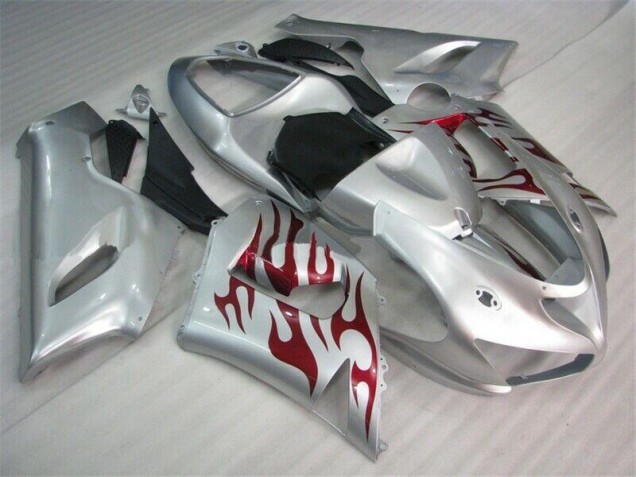 2005-2006 Silver Red Flames Kawasaki Ninja ZX6R Motorcycle Fairings 2005-2006 Silver Red Flames Kawasaki Ninja ZX6R Motorcycle Fairings