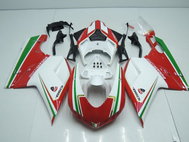 2007-2012 White and Red with Green Stripe Ducati 848 1098 1198 Motorcycle Fairings 2007-2012 White and Red with Green Stripe Ducati 848 1098 1198 Motorcycle Fairings
